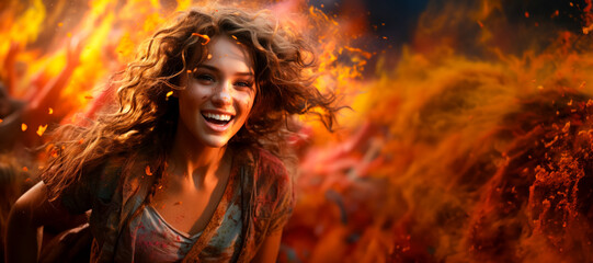 Web banner and invitation to spring and flower festival, happy girl on Holi festival, copy space for concept