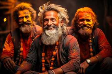 Men in traditional relax during the Holi celebration, creating an atmosphere of fun and festive delight