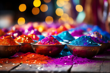 Gulal or abhir colors for Holi on a wooden table, colorful powders symbolizing the rainbow and creating an atmosphere of fun and festive mood.