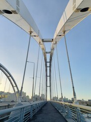 Fototapeta premium Steel frame bridge across river 