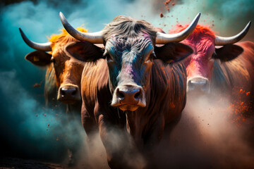India's sacred mother cows walk through clouds of colorful paint to celebrate the Holi festival, a...
