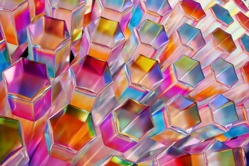 Glass multi-colored hexagons, transparent geometric crystals. 3d rendering