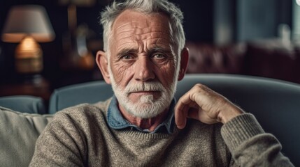 Senior gentleman enjoying a peaceful moment on his living room couch.