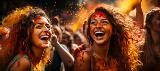 Happy laughing girlfriends in a cloud of colorful orange powder during the Holi festival, a time of...
