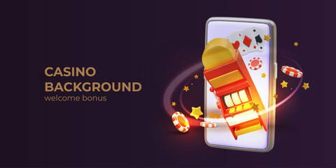 Online casino vector background. Welcome bonus for beginners. Phone, slot machine, chips, cards. Effect of golden glow, movement, rotation. Real game ads - obrazy, fototapety, plakaty