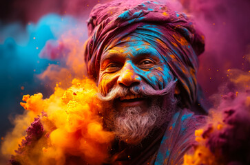 Portrait of an adult mustachioed man in a cloud of colorful powder during the Holi festival, a time of spring fun and festive delight, a banner for travel advertising
