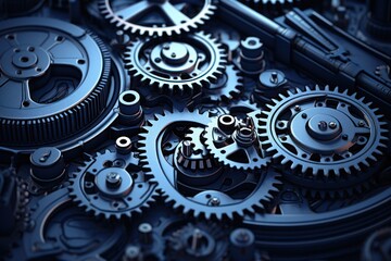  a close up of a bunch of gears on a piece of machinery that looks like it has gears attached to the sides of the gears and is black and has a blue tint.