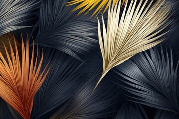  a close up of a bunch of different types of leaves on a black background with a yellow and orange palm leaf on the left side of the left side of the image.