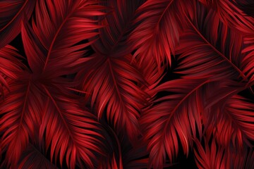  a black and red background with a bunch of red palm leaves on the left side of the image and a black background with a bunch of red palm leaves on the right side.
