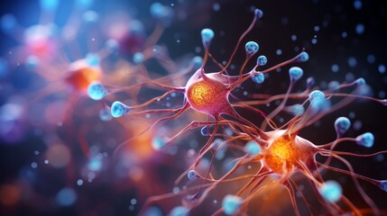 Neural network with electrical activity of neuron cells, 3D rendering illustration. Neuroscience, neuroscience, nervous system and impulse, brain activity, microbiology concepts. The artist's vision.