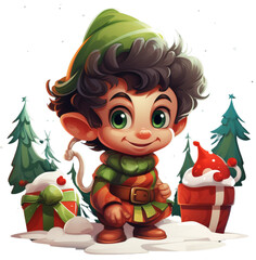 Elf ze świątecznymi akcesoriami i psotnym wyrazem twarzy na przezroczystym tle PNG.