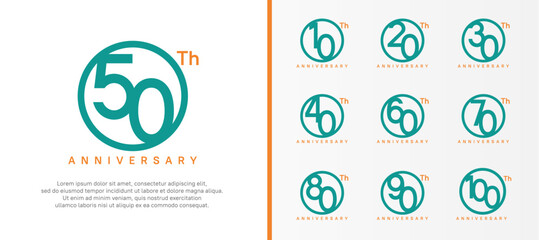 set of anniversary logo green color number in circle and orange text on white background for celebration