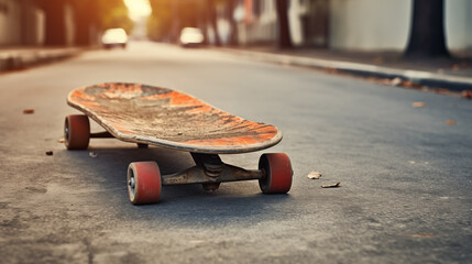 A skateboard that is laying on the ground