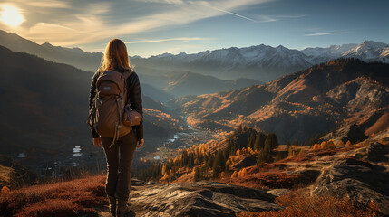 Traveler women backpacker at a mountain peak and looking at misty mountain range landscape with cloudy sky 