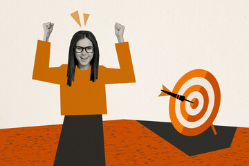 Collage retro sketch image of funky lucky lady rising fists winning darts game isolated painting background
