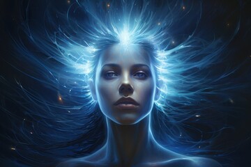  a digital painting of a woman's face with blue hair and a glowing halo above her head, in front of a dark background of stars and a blue sky.