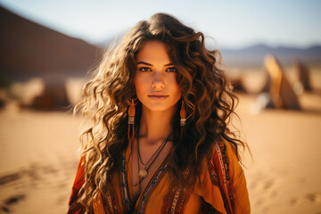 A young woman with beautiful curly hair and bohemian style fashion poses in a serene desert setting, bathed in golden sunlight.