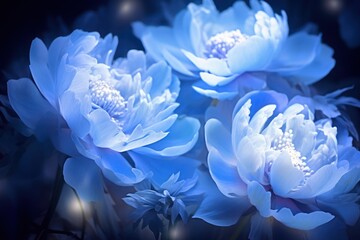  a close up of a bunch of blue flowers on a black background with a blurry image of the center of the flower in the middle of the picture and the middle of the picture.