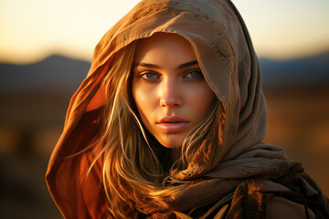 Captivating close-up portrait of a young woman wrapped in a warm hoodie, with a serene expression during golden hour.