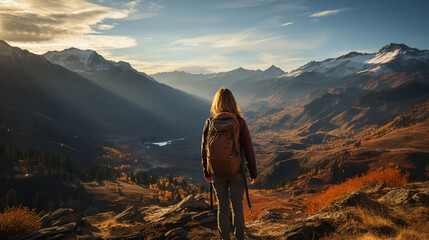 Traveler women with back pack at a mountain peak and looking at misty mountain range landscape with cloudy sky 