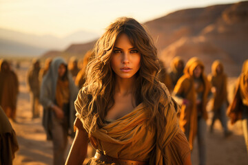 A stunning woman in tribal attire leads a group through the desert at sunset, exuding strength and mystery.