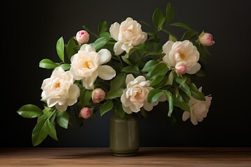  a vase filled with lots of white flowers on top of a wooden table next to a green vase filled with lots of white flowers on top of green leaves and a wooden table.