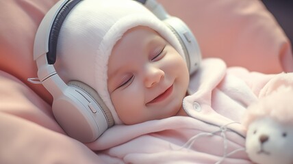 Closeup of cute little sleeping newborn infant baby girl in headphones, listen to relaxing music,...