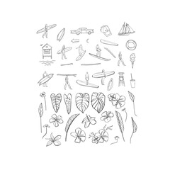 Hand drawn vector abstract simple minimalistic line art graphic drawing tropical palm leaves,flowers and surfers collection set isolated.Summer plant design concept.Tropical summer nature logo set.