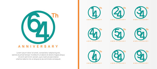 set of anniversary logo green color number in circle and orange text on white background for celebration