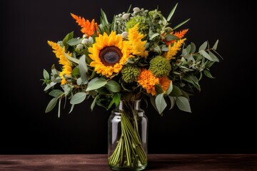  a bouquet of sunflowers and greenery in a glass vase on a wooden table against a black background with a wooden table in front of the foreground.