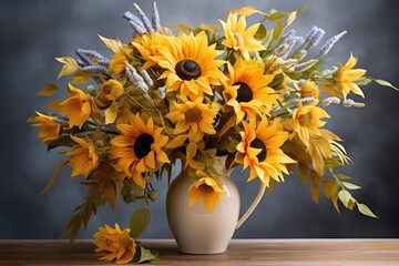 a vase filled with lots of yellow sunflowers on top of a wooden table next to a gray wall and a wooden table with a vase filled with yellow sunflowers.