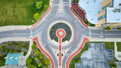 Foto op Canvas Muncie, IN aerial above Passing of the Buffalo statue in roundabout straight down shot of road © Nicholas J. Klein