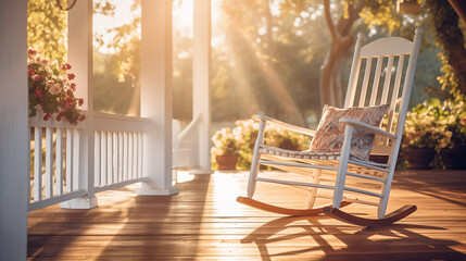 Tranquil Wooden Porch with Rocking Chair at Sunrise - obrazy, fototapety, plakaty
