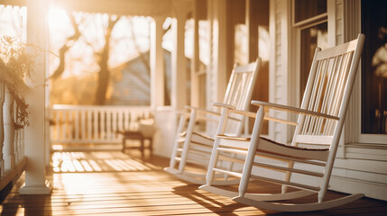 Fototapeta na wymiar Serene Moments: Rocking Chairs on a Traditional American Porch