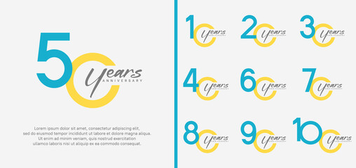 set of anniversary logo blue and yellow color number on white background for celebration - obrazy, fototapety, plakaty
