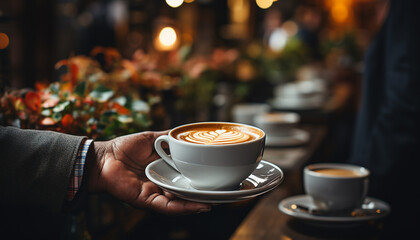 Obraz premium Young adult holding frothy coffee cup in coffee shop generated by AI