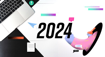 2024 new year with new plan office table with laptop keyboard and business people illustration