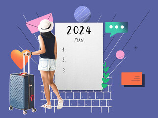 2024 new year new goals with travel woman and paper for writing plan in collage art design