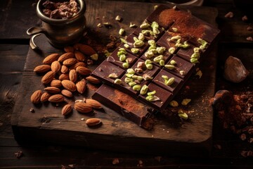  a wooden cutting board topped with a bar of chocolate covered in nuts and pistachios next to a cup of cocoa and a mug of cocoa on a wooden table.