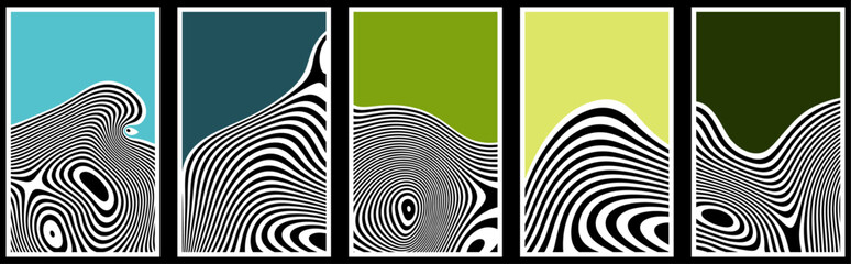 Set of retro ecology banner designs with wavy contrast stripes and optical interference effect. Illusion of movement for poster, flier, invitation, cover, placard. - obrazy, fototapety, plakaty