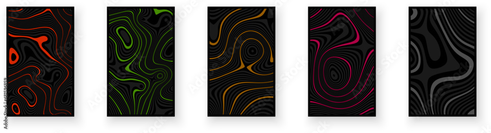 Poster set of black paper cards with textured liquid pattern design and rippled effect of the illusion of m