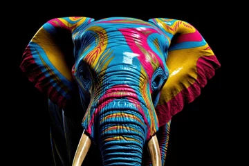 Foto op Aluminium  a brightly colored elephant with tusks and tusks on it's tusks is standing in front of a black background with a black backdrop. © Shanti