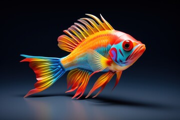  a colorful fish on a black background with a reflection of it's head on the bottom of the fish's body and the bottom part of its body.