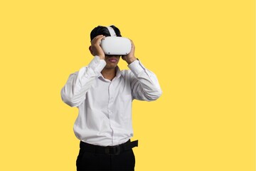 Excited excited man wearing glasses touching virtual world with finger, curious and happy young woman in VR headset enjoying tour, making purchases in augmented reality shop, playing games, copy space