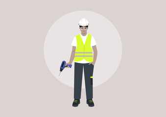 A young character in a repair worker uniform, adorned with a yellow high-visibility vest, hard hat, safety goggles, and polo shirt, holding an electric drill in one hand