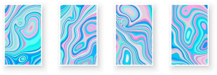 Set of holographic abstract poster designs with optical interference and liquid effect . Illusion of movement for banner, flier, invitation, cover, business card.