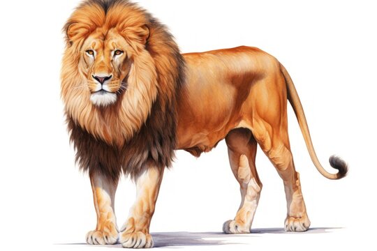  a drawing of a lion standing in front of a white background and looking at the camera with a serious look on his face and head, with a long mane, it's eyes closed.