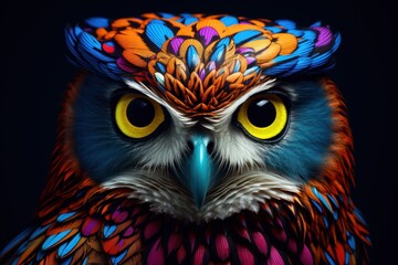  a close up of an owl with a colorful hat on it's head and large yellow, orange, blue, and pink feathers on it's head.