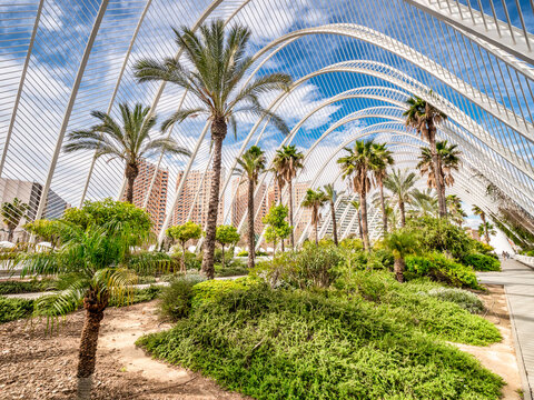 3 March 2020: Valencia, Spain - L'Umbracle, a sculpture garden and walk forming an entrance to the City of Arts and Sciences in Valencia.