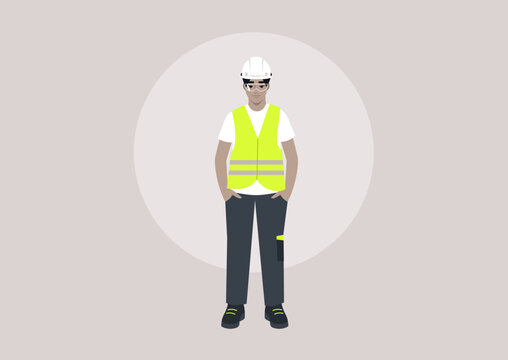 A young character in a repair worker uniform, adorned with a yellow high-visibility vest, hard hat, and polo shirt, standing with their hands in pockets